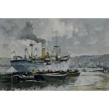 David Gapper (20th century) - industrial boating scene, signed, watercolour, 23 x 35cm, framed