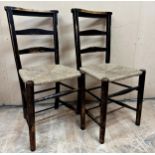 Pair antique rush seat chapel chairs, 88cm with two further similar rush seated chairs (4)