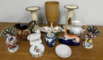 Mixed ceramics lot to include pair of Royal Daulton candlesticks, John Wadsworth Minton vase,