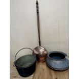 Collection of mixed metal ware to include a Persian copper pot, two jam pans and a warming pan (4)