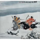 Chinese school - two figures on horseback in a snowstorm, seal and calligraphy marks, watercolour,