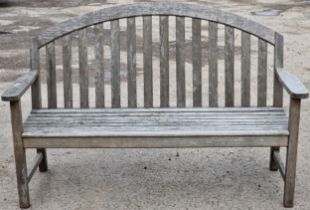 Teak three seat garden bench with slatted seat and back, stamped 'Nauteak', 105cm high x 161cm