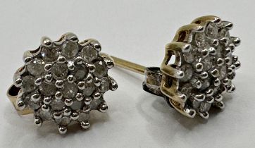 Pair of 9ct diamond cluster earrings, 1cm diameter, 1.6g