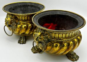 Good quality pair of 19th century half fluted brass jardinieres with twin lionhead ring handles, paw