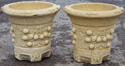 Willowstone - A pair of reconstituted stone buff coloured garden planters with fruiting vine detail,