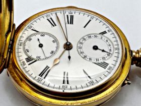 18k American chronograph pocket watch, 50mm case, enamel dial with gilt hands and two subsidiary