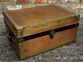 Vintage copper and brass suitcase with studded edges and leather handles, 28 x 64cm