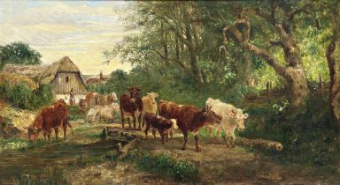 John Chipchase (British School) - Rural scene with cows being driven down a lane, signed, oil on