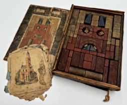 19th century cased architectural block puzzle, the box 20cm x 28cm