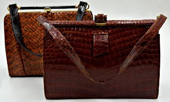 Two vintage handbags comprising brown snakeskin fronted bag by Meadows of Regent Street with gilt