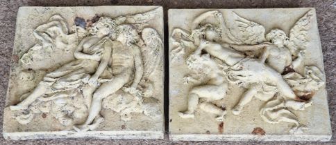 Pair of reconstituted stone wall plaques depicting scenes of cherubs and angels, 43cm high x 45cm