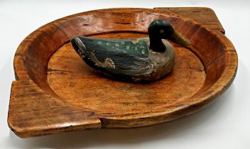 Antique treen decoy duck with original painted finish, 28cm long with a further large eastern teak