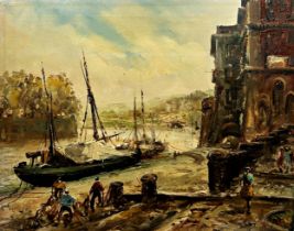 Mid 20th Century continental school- A harbour landscape with fishermen loading boats,