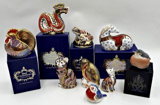 A collection of Royal Crown Derby Imari pattern anmals to include a cat, kingfisher, chicken, horse,