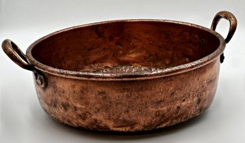 Good large antique copper jam pan with twin copper handles, 51.5cm diameter