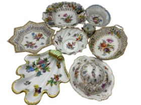 Collection of six Dresden porcelain dishes hand painted with floral bouquets together with a