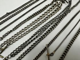 Collection of silver and white metal Albert chains (9)