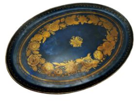 19th century Pontypool jappaned oval toleware tray, in Sapphire blue, with gilt floral bands, 58cm x