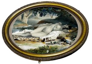 19th century school - reclining nude in the woods, crystoleum, convex oval mount, 45 x 53cm, framed