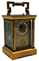 Good repeater carriage clock retailed by Cameron & Forster of New York, gilt face with enamel