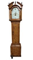 19th century pine thirty hour longcase clock with painted arch dial and date aperture, 215cm high,