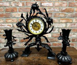Interesting Arts and Crafts wrought iron floral clock garniture with twin vases, visible