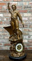 Cast bronzed spelter figural mantle clock, 'Cod Fishing', two train dial with Arabic numerals,