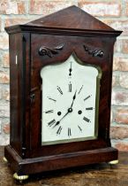 19th century flame mahogany English bracket clock with Taj Mahal dial bezel, carved decoration to