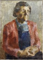 Penelope Ellis (born 1935) - half length portrait of a seated lady, unsigned, oil on board, 61 x