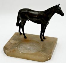 Good bronze model of a standing horse mounted to an onyx ashtray, 21cm high x 20cm wide