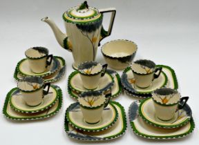 Burleigh ware 'Zenith' pattern coffee set comprising coffee pot, sugar bowl, six cups, saucers and