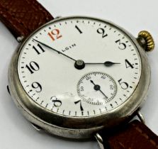 WWI silver Elgin trench watch, 32mm case, enamel dial with red number 12 and subsidiary second dial,