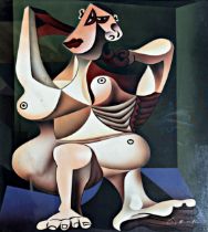 After Pablo Picasso - 'Woman styling her hair', indistinctly signed, acrylic on canvas, 61 x 49cm,