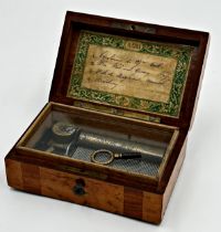Late 19th century birdseye maple and rosewood musical snuff box, play four airs, 12.5cm long,