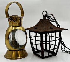 Haig & Haig of Scotland dimple glass whiskey bottle in a brass miner's lamp casing, 32cm high
