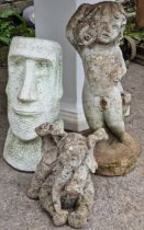 Weathered reconstituted stone water feature in the form of a cherub, 55cm high, together with a