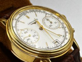 Vintage 18ct Longines chronograph, 35mm case, white dial with gilt hands and markers, two subsidiary