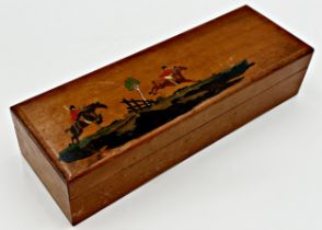 Early 20th century sporting interest satinwood glovebox the hinged lid inlaid with stained boxwood