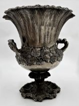 Antique silver plated twin handled urn shaped wine bucket, with floral tapered rim, twin knotted