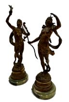 Pair of gilt spelter figures 'Diane' and 'Apollon' clock garnitures, 30cm high (2)