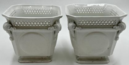 Pair of Meissen porcelain blanc-de-chine square jardinière pots, 16cm high x 17cm wide