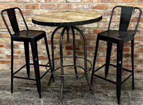 Industrial style wooden and metal bar table and metal bar stools. Table measures 99cm high,