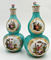 Pair of Dresden porcelain double gourd lidded vases, with painted romantic panels on a turquoise