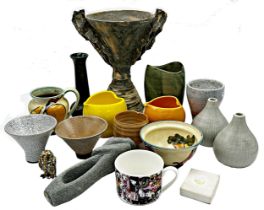 Large collection of various mid-20th century and later studio pottery to include a raku twin handled