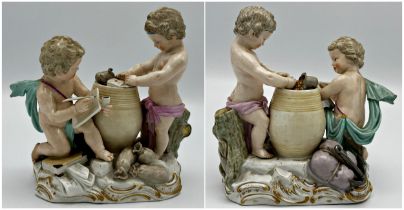 19th century Meissen character group of two cherubs counting gold coins, inscribed label to base '