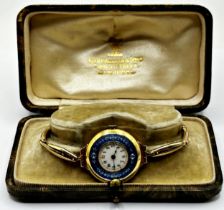 Early 20th century 18ct cocktail watch, 26mm case with guilloche enamel bezel, 15ct concertina