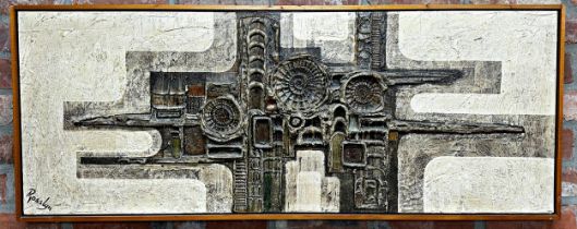 Rosslyn Ruiz (b.1935) - large abstract relief on board, signed, 46cm x 121cm, framed.