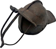 Period black Cromwell or Roundhead Pikemans Pot or Lobster Tail helmet, hinged face guard, open