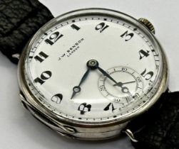 Good quality J.W Benson silver trench watch, 31mm case, enamel dial with Arabic numerals and
