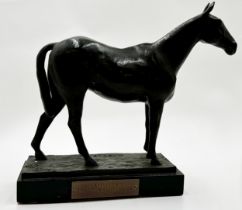 Good quality 1920s bronze study of a standing racehorse, indistinctly signed Ravnay?, on wooden